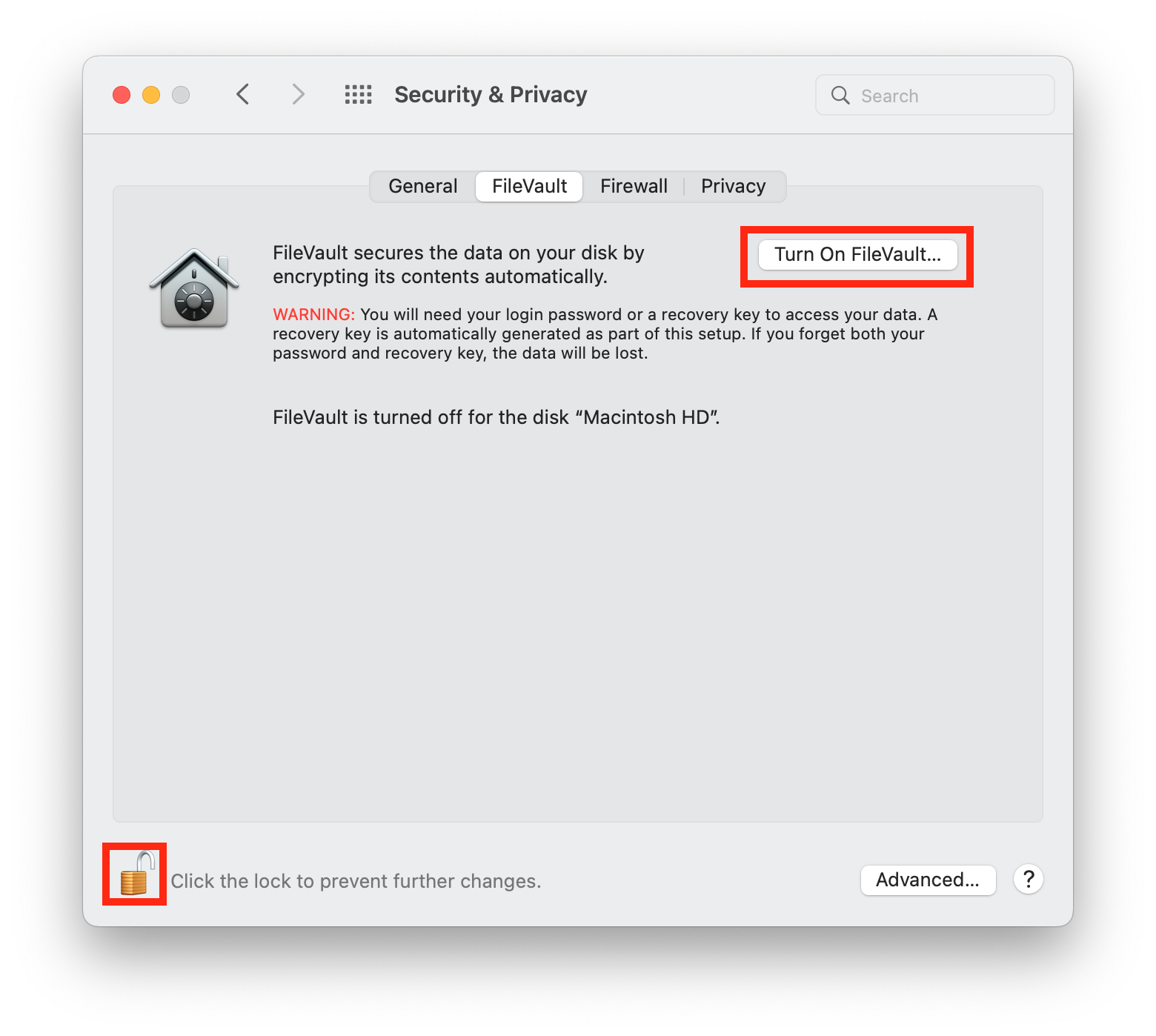 Step 1. Click Turn on FileVault to enable file encryption.
