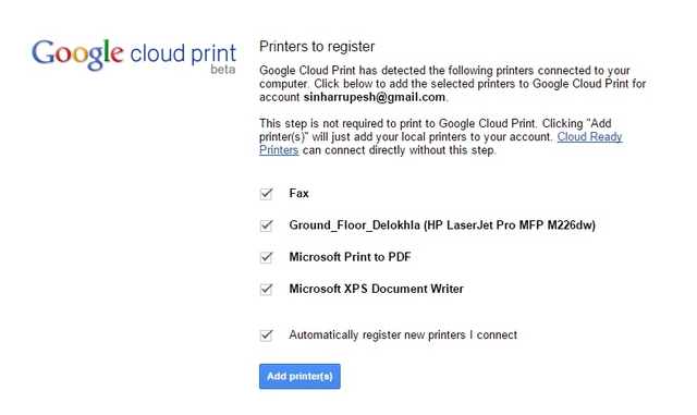 Chrome Cloud Print Printers Available