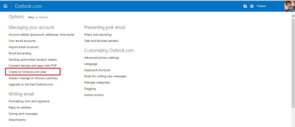 Create an Outlook.com alias