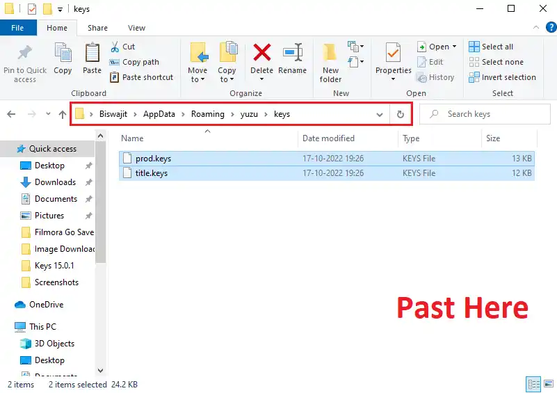 Paste both the copied keys file into the Yuzu Keys folder