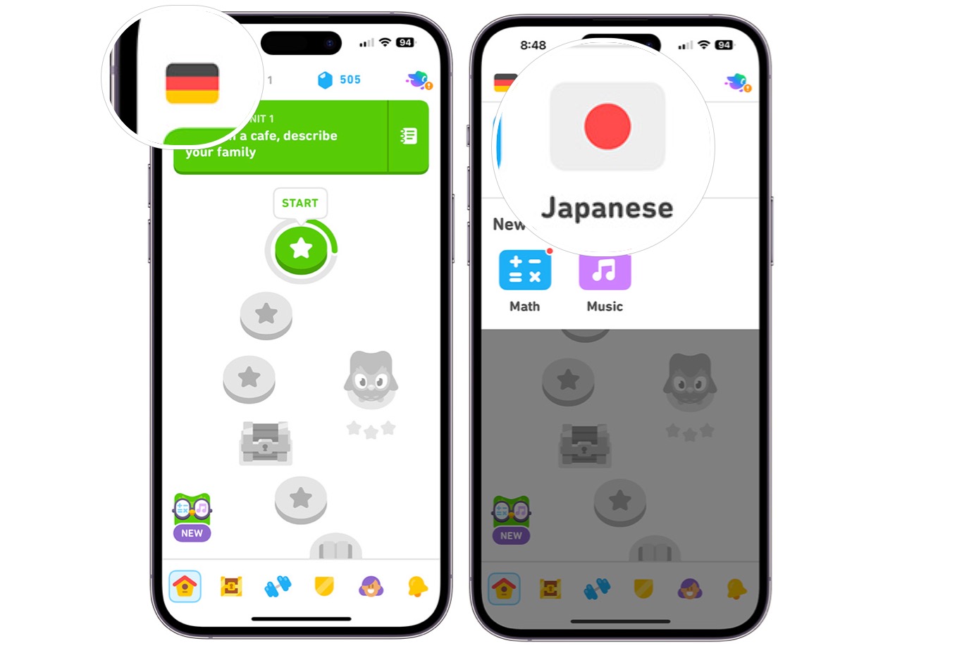 A screenshot that shows the steps required to switch languages in the Duolingo app.