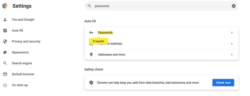 Chrome Settings Passwords