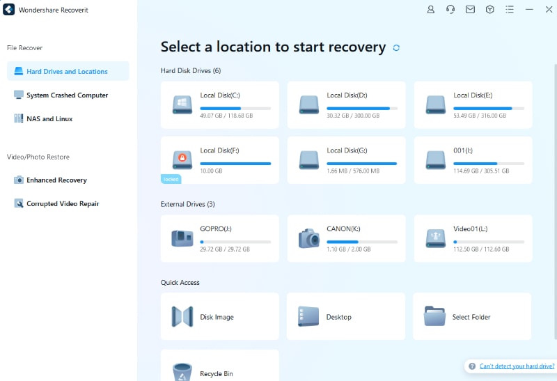 select a location for Recoverit data recovery