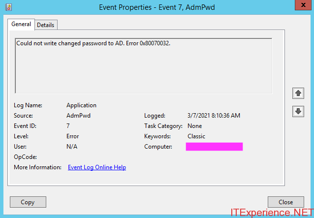 Fix Error 0x80070032 – Could not write changed password to AD