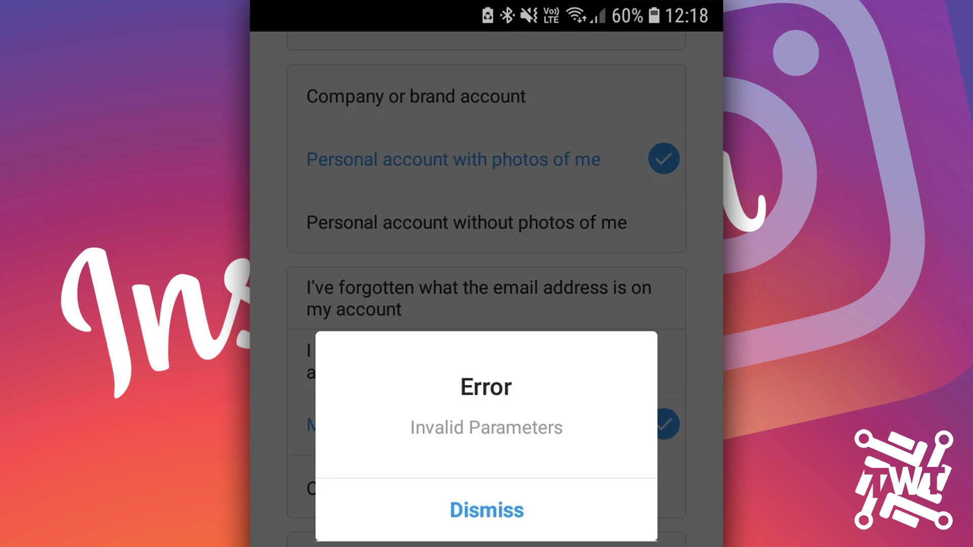 what is the meaning of invalid parameters on instagram