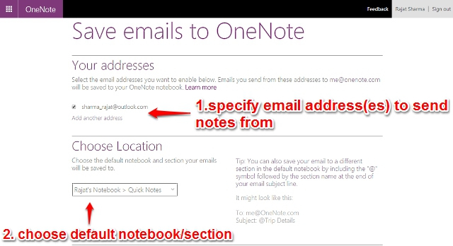 onenote email notes settings