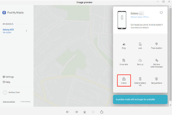 unlock samsung note 20 with find my mobile