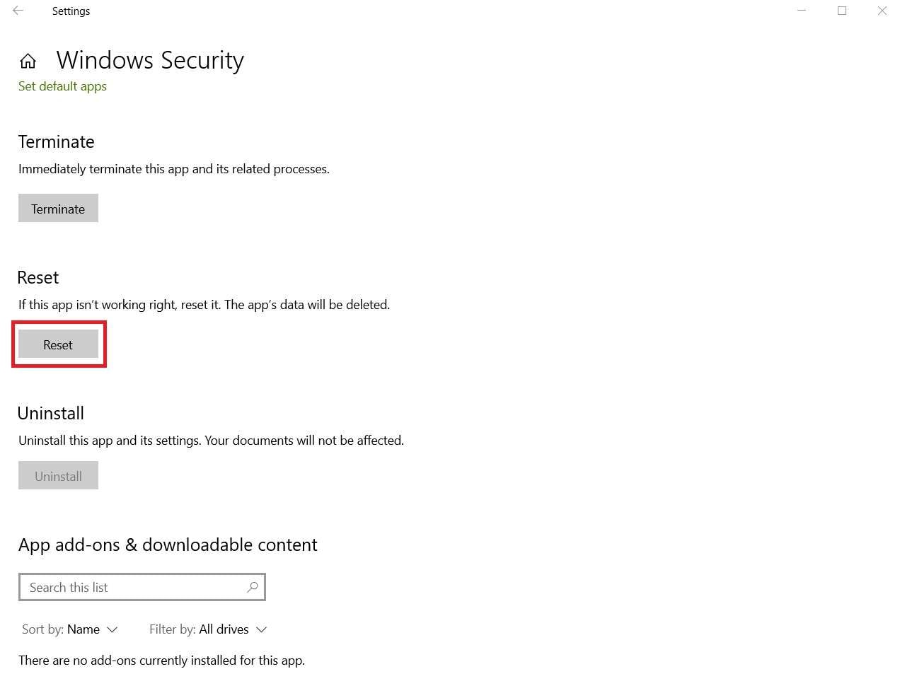 reset windows security app