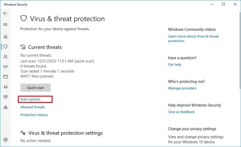 select scan options under current threats