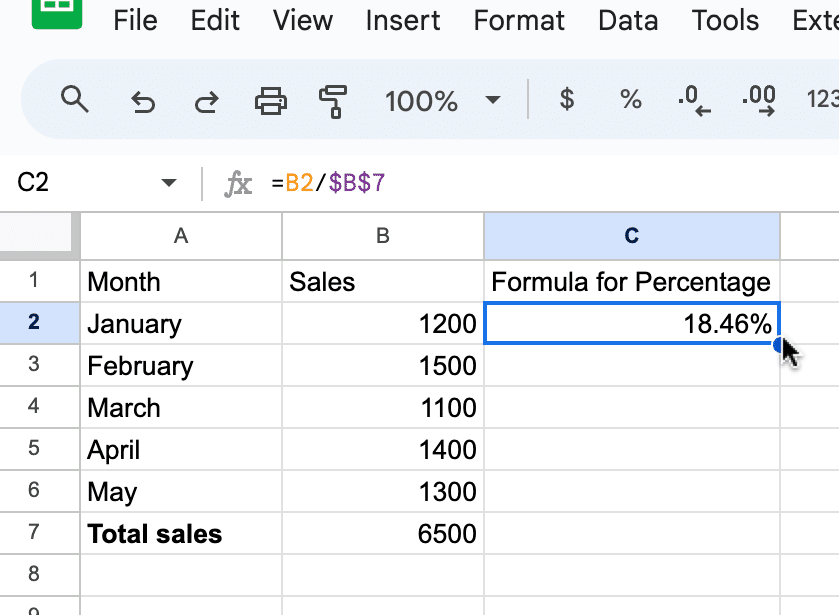 Screenshot showing the entry of a formula in the first cell next to the January sales data in Google Sheets.